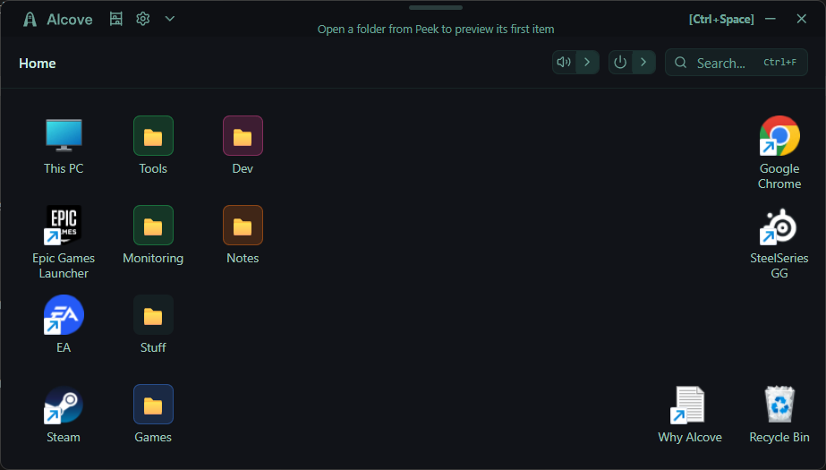 The Alcove workspace grid with shortcuts and folders arranged on it