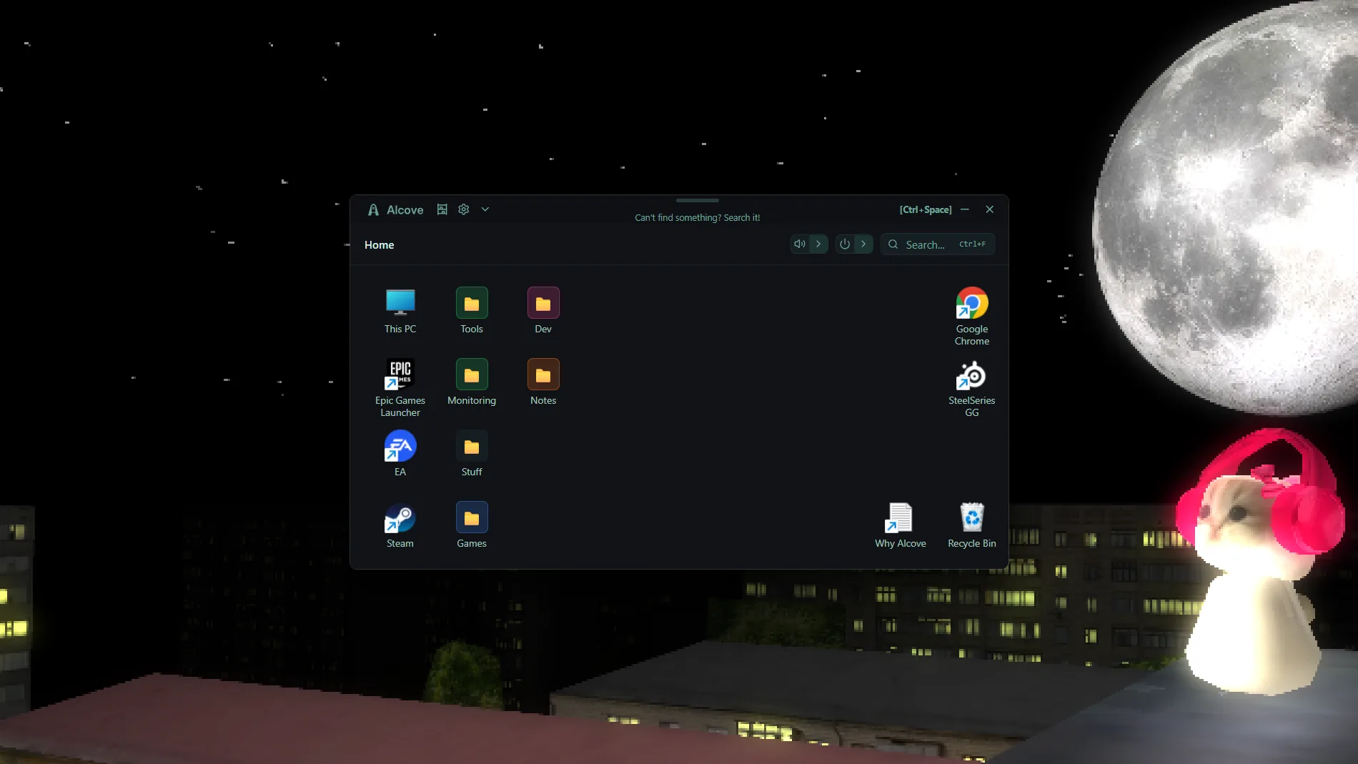 Alcove in its default dark theme, open over a night-sky desktop