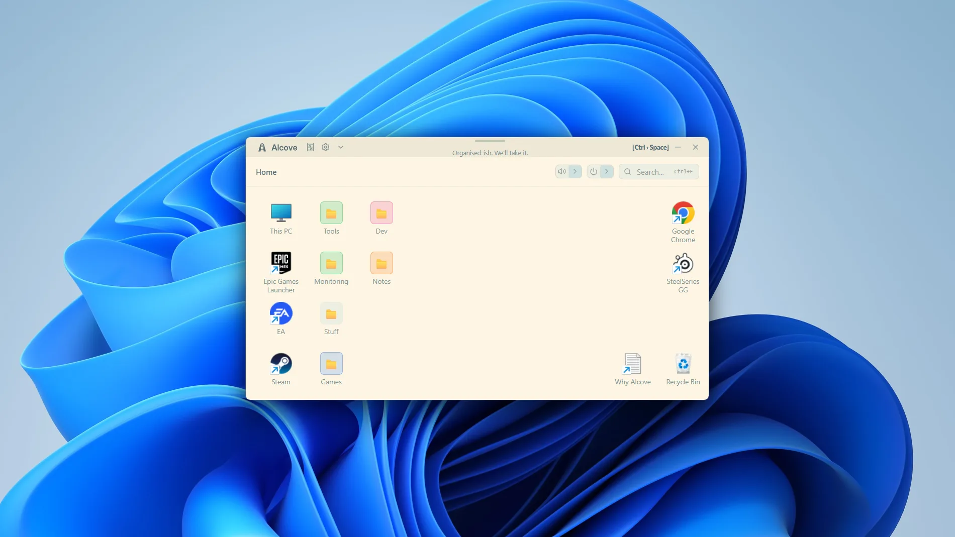 Alcove in a light theme over the Windows 11 Bloom wallpaper
