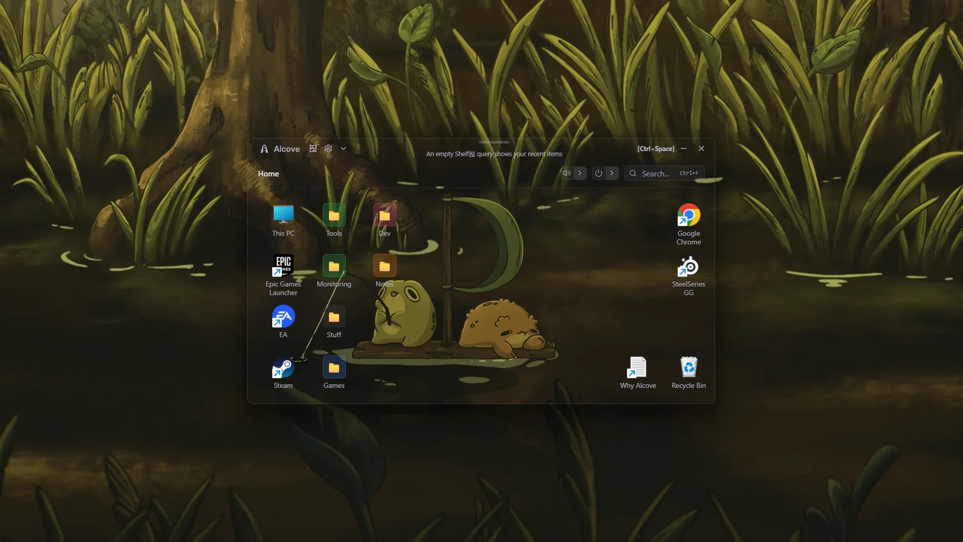 Alcove in a translucent theme over an illustrated swamp with two frogs on a raft